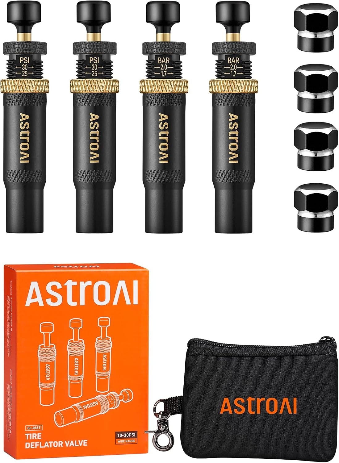 image:imageAstroAI Tire Deflator Kit 4Pack Automatic AntiCorrosive ScrewOn Air Down Tool Adjustable 1030 PSI for OffRoad Vehicle SUV 4x4 Includes 4 Valve Caps Zipper Closure Bag