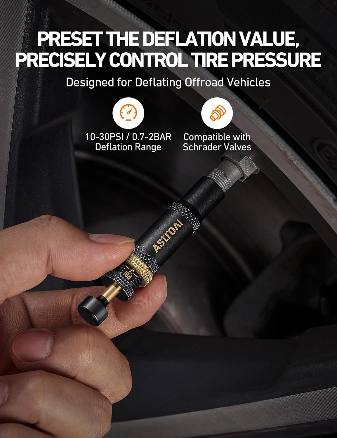 image:imageAstroAI Tire Deflator Kit 4Pack Automatic AntiCorrosive ScrewOn Air Down Tool Adjustable 1030 PSI for OffRoad Vehicle SUV 4x4 Includes 4 Valve Caps Zipper Closure Bag