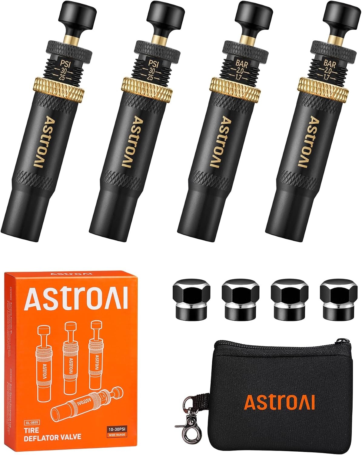 image:imageAstroAI Tire Deflator Kit 4Pack Automatic AntiCorrosive ScrewOn Air Down Tool Adjustable 1030 PSI for OffRoad Vehicle SUV 4x4 Includes 4 Valve Caps Zipper Closure Bag