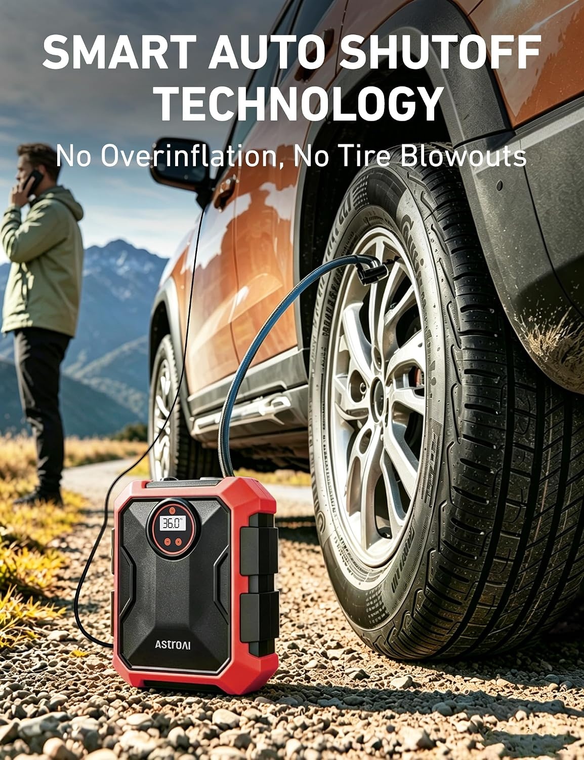 image:imageAstroAI Tire Inflator Portable Air Compressor 12V DC Integrated StorageRed
