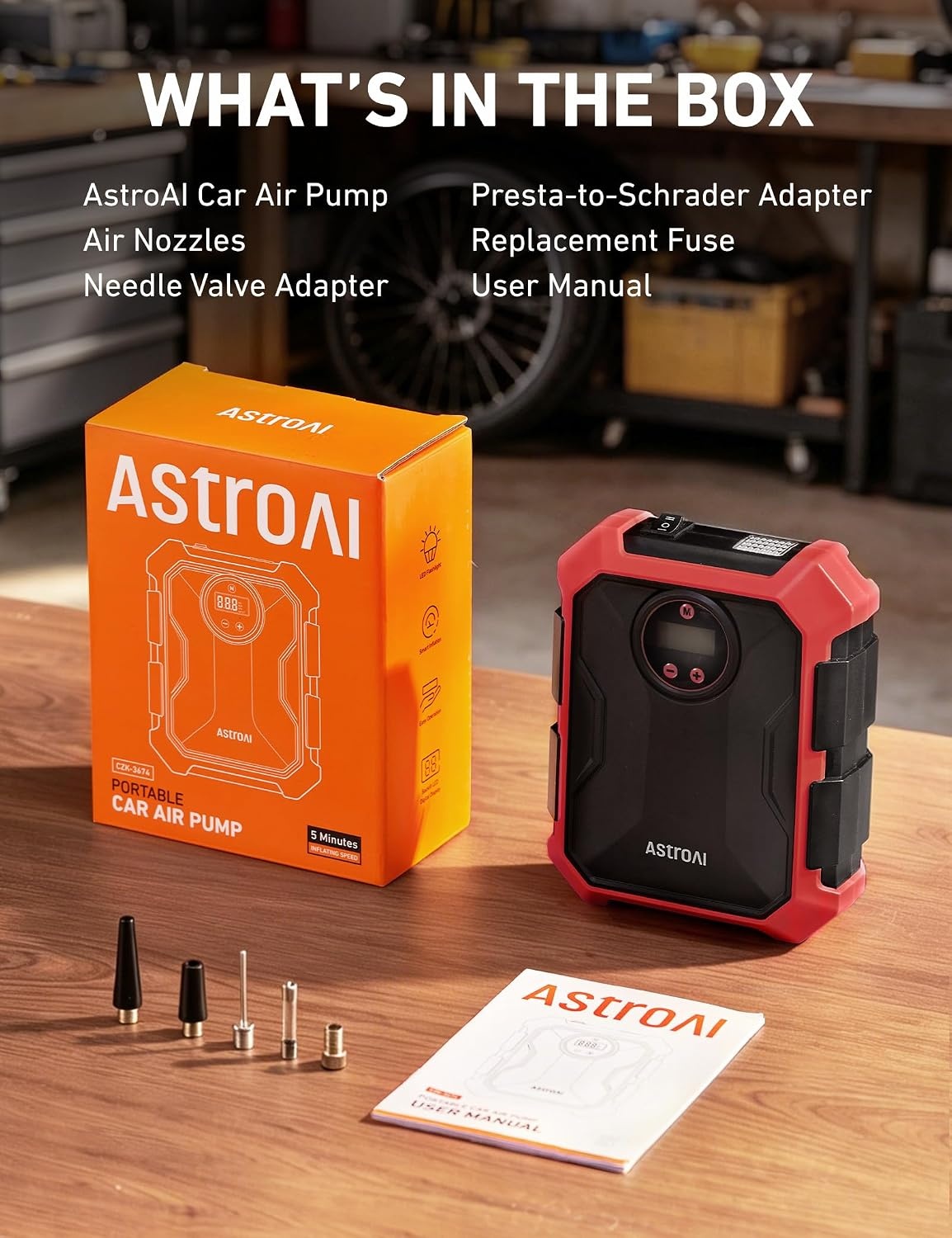 image:imageAstroAI Tire Inflator Portable Air Compressor 12V DC Integrated StorageRed