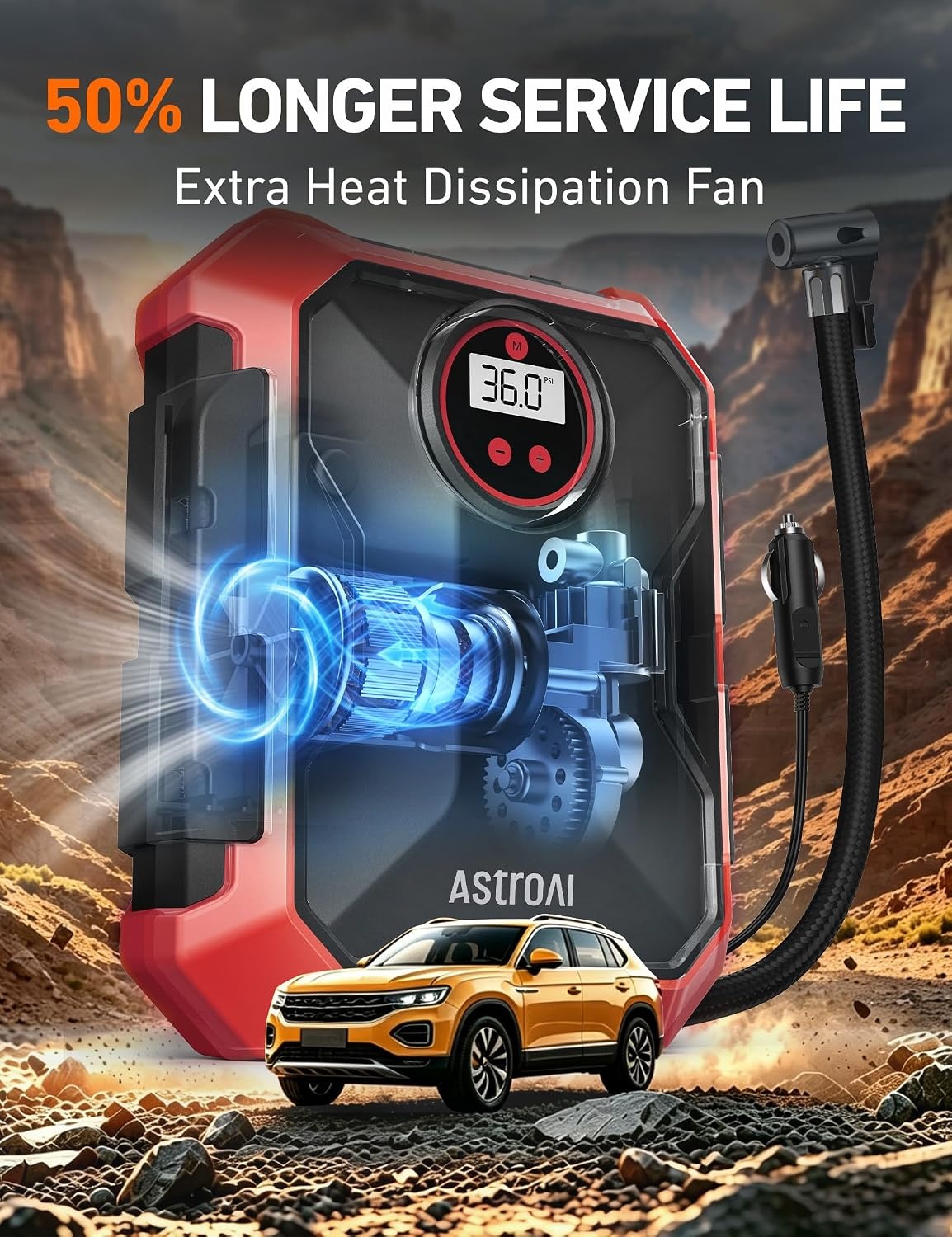 image:imageAstroAI Tire Inflator Portable Air Compressor 12V DC Integrated StorageRed