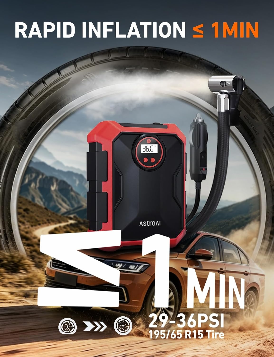 image:imageAstroAI Tire Inflator Portable Air Compressor 12V DC Integrated StorageRed