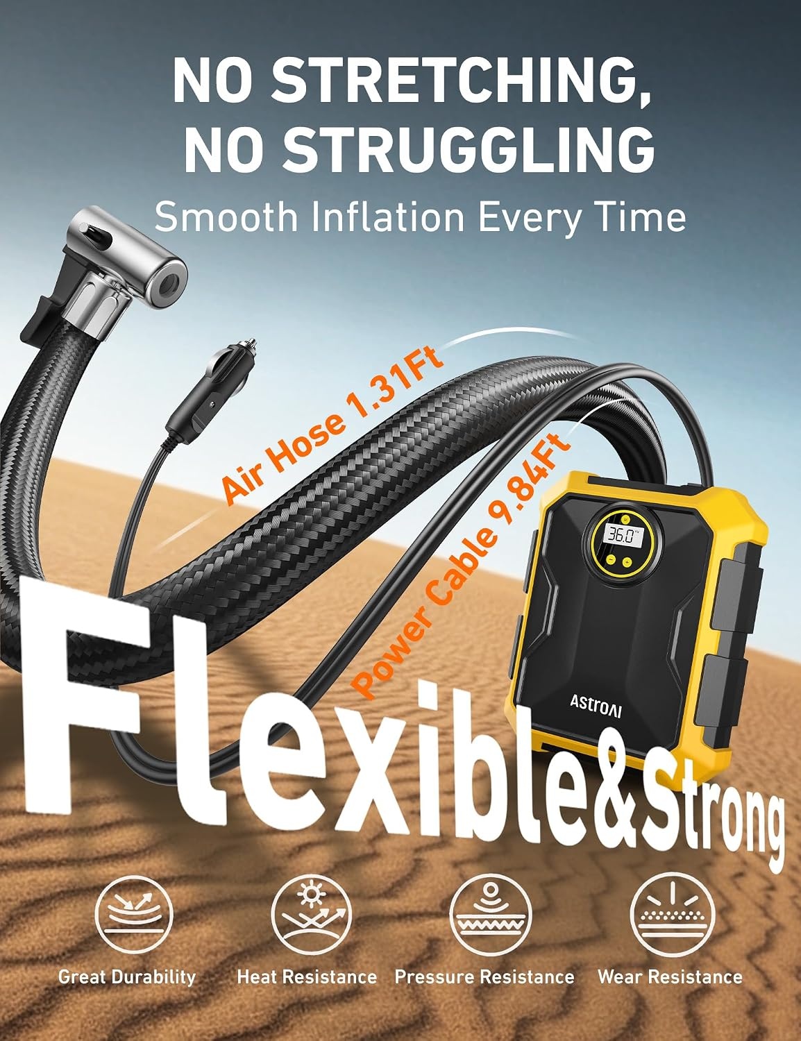 image:imageAstroAI Tire Inflator Portable Air Compressor 12V DC Integrated StorageYellow