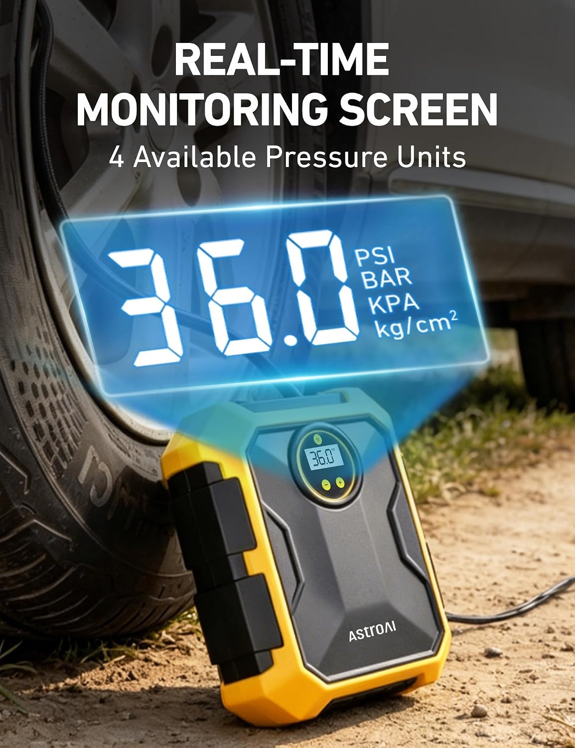 image:imageAstroAI Tire Inflator Portable Air Compressor 12V DC Integrated StorageYellow