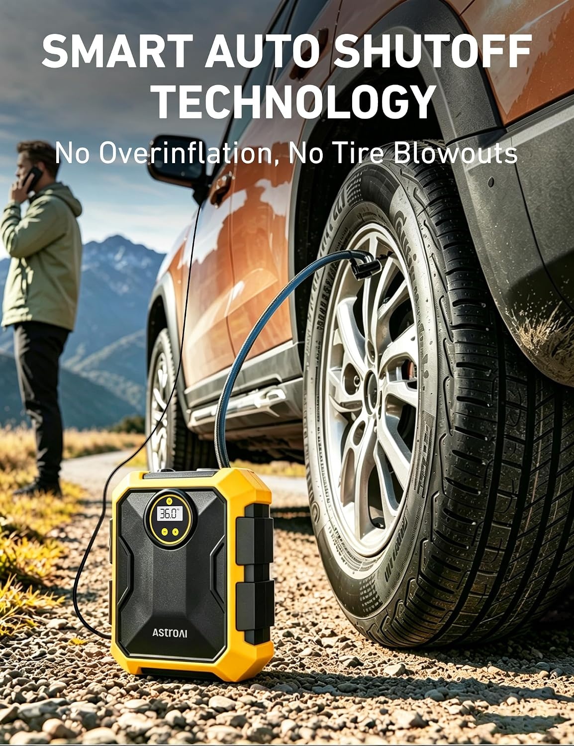 image:imageAstroAI Tire Inflator Portable Air Compressor 12V DC Integrated StorageYellow