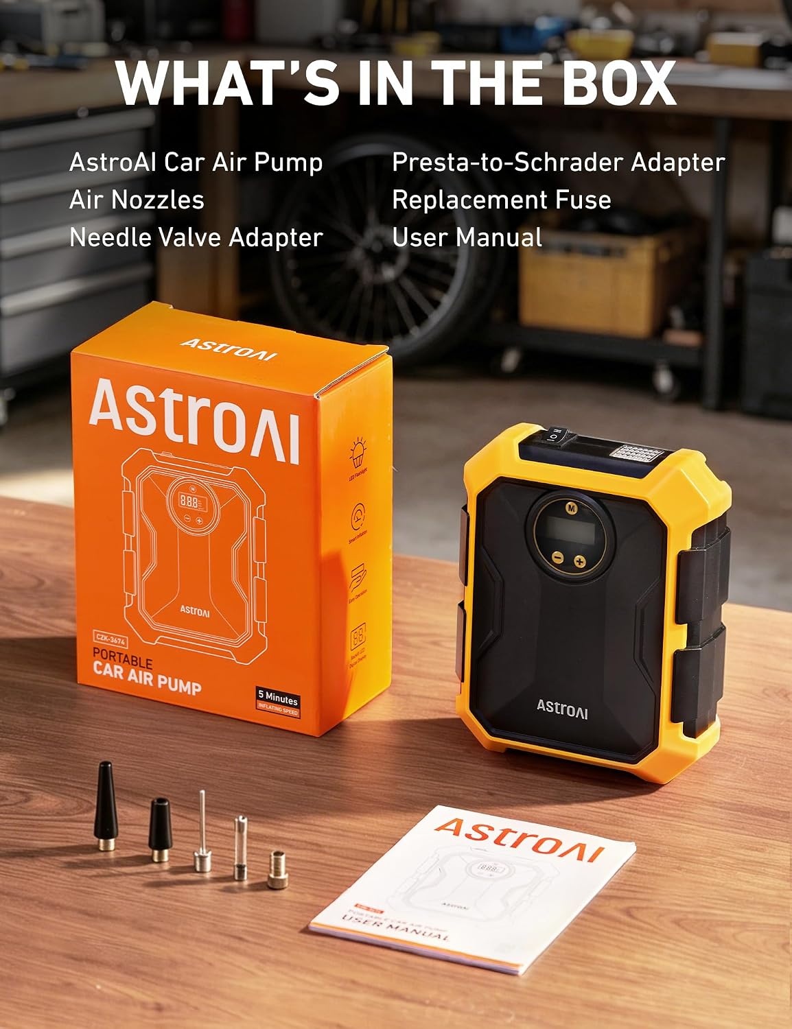image:imageAstroAI Tire Inflator Portable Air Compressor 12V DC Integrated StorageYellow
