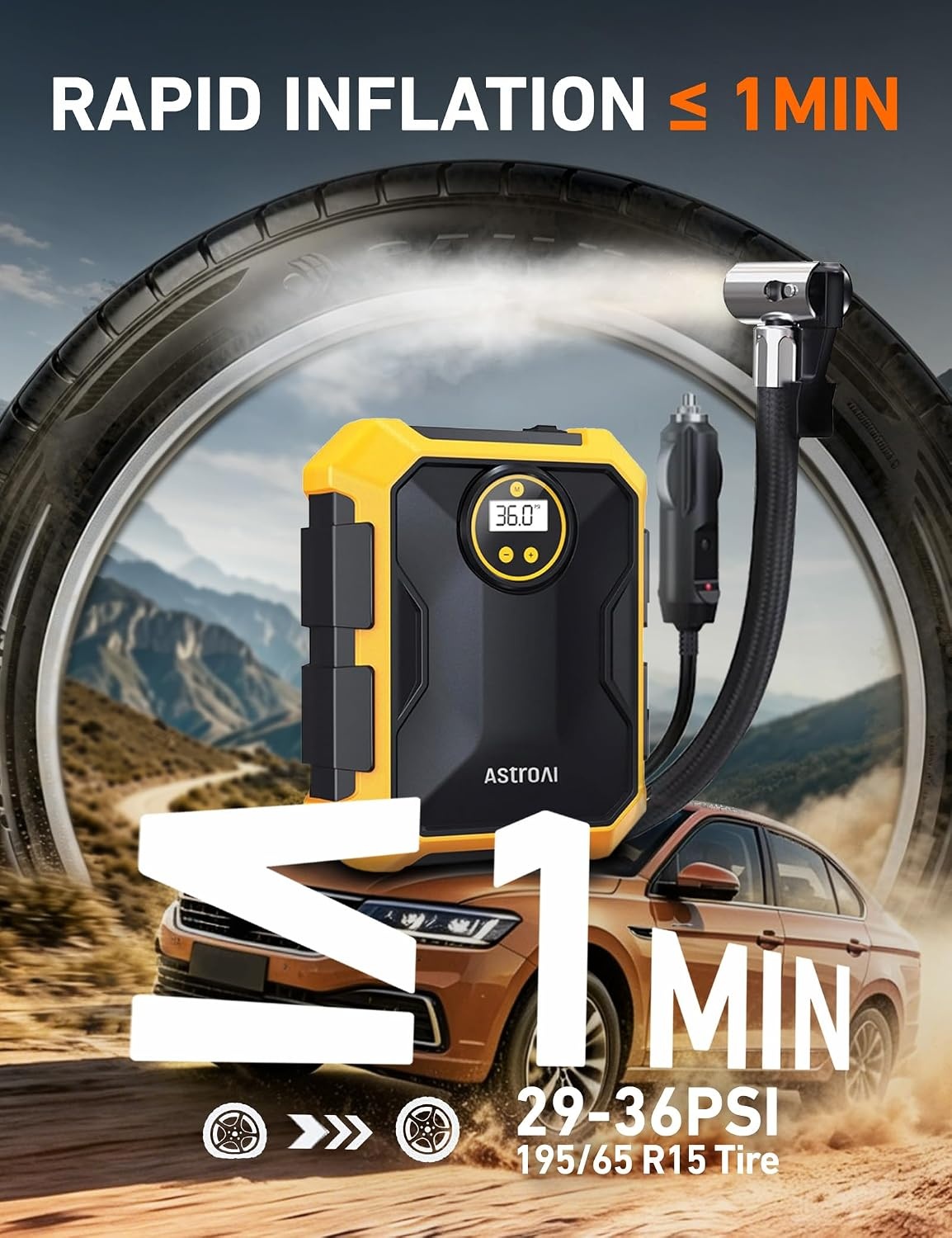 image:imageAstroAI Tire Inflator Portable Air Compressor 12V DC Integrated StorageYellow