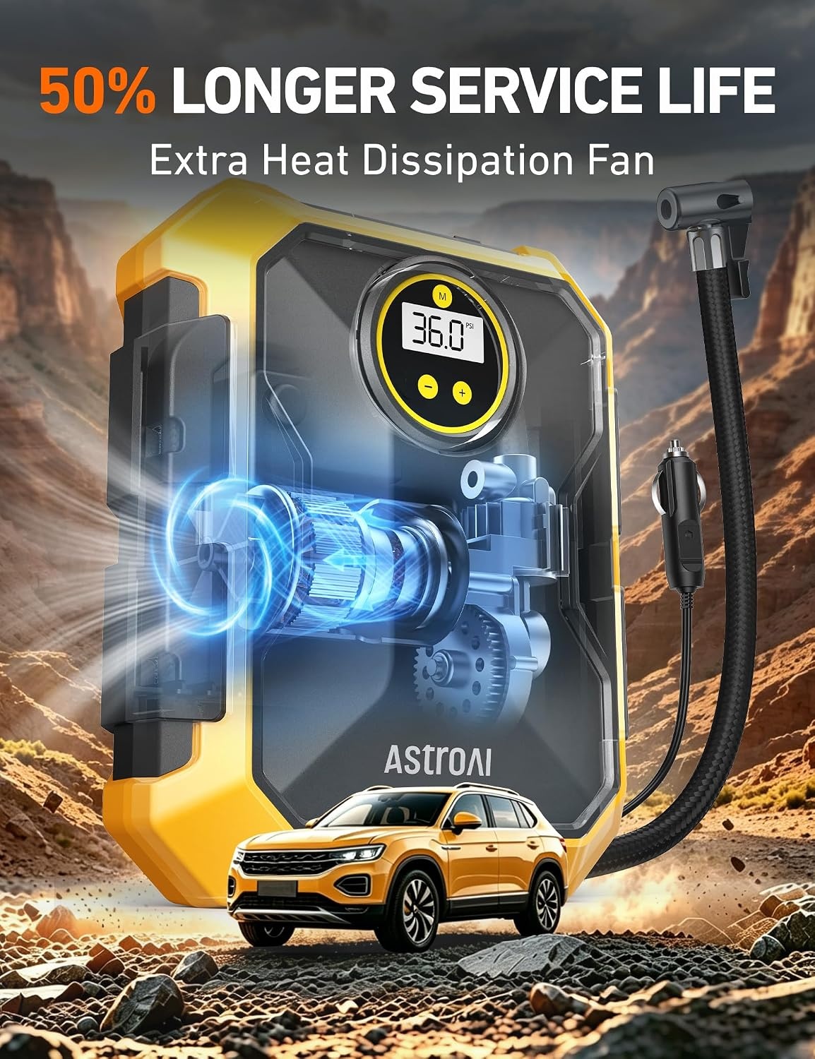 image:imageAstroAI Tire Inflator Portable Air Compressor 12V DC Integrated StorageYellow