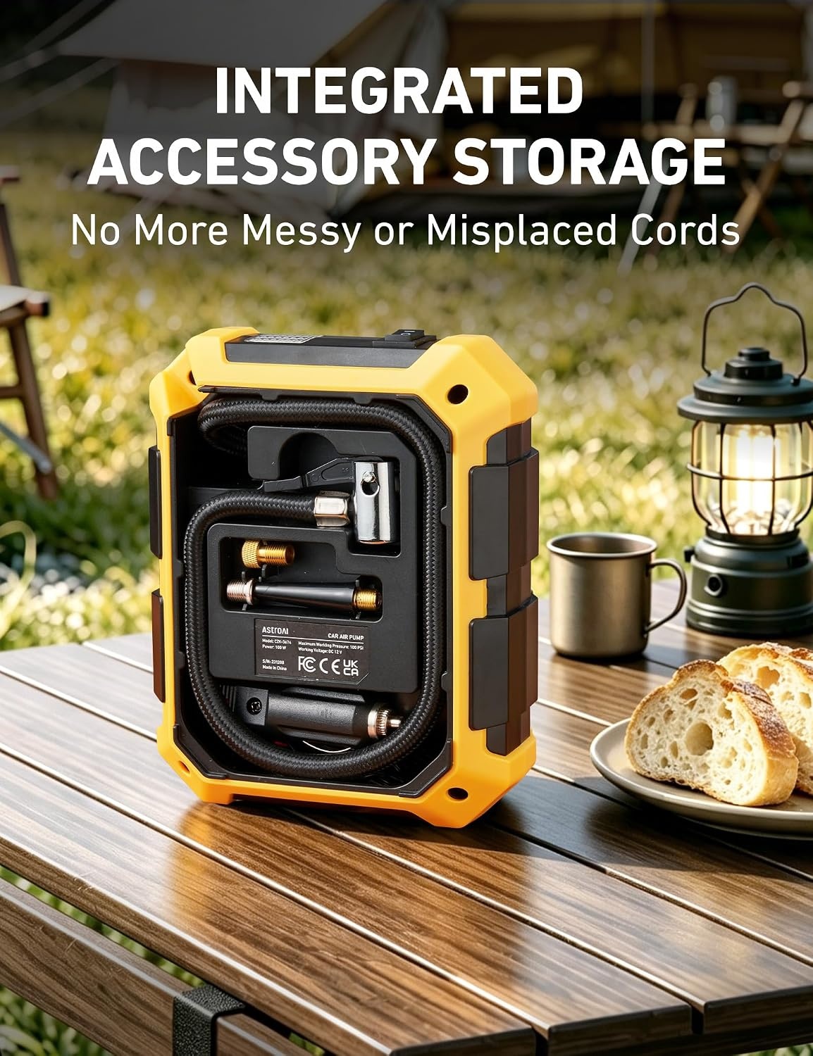 image:imageAstroAI Tire Inflator Portable Air Compressor 12V DC Integrated StorageYellow