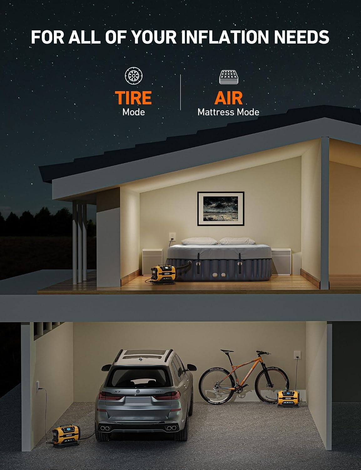 image:imageAstroAI Tire Inflator Portable Air Compressor 12V DC120V AC Dual PowerLight Yellow