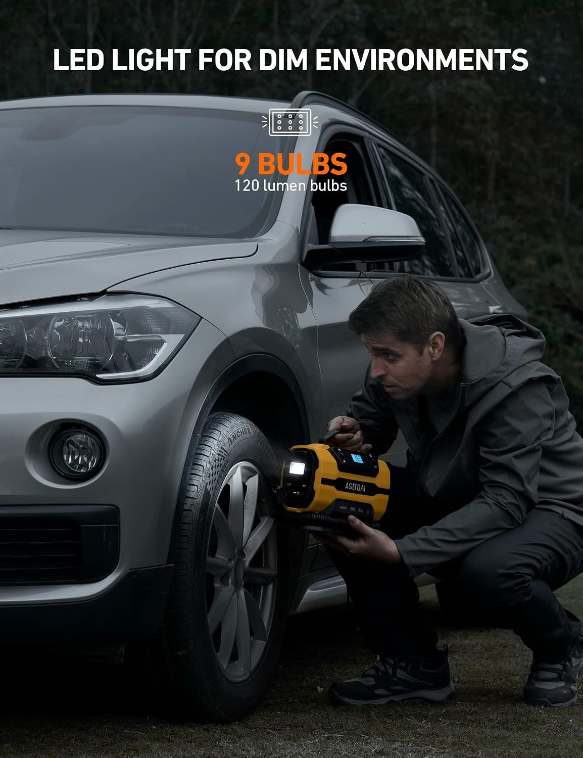 image:imageAstroAI Tire Inflator Portable Air Compressor 12V DC120V AC Dual PowerLight Yellow