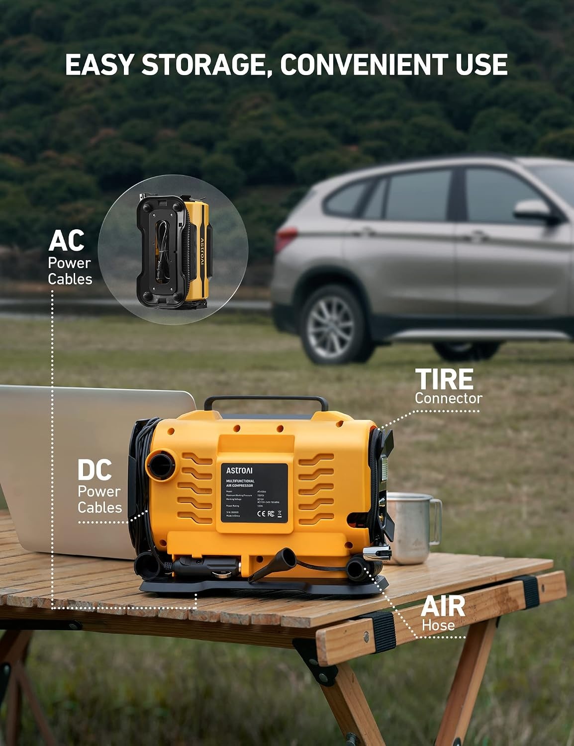 image:imageAstroAI Tire Inflator Portable Air Compressor 12V DC120V AC Dual PowerLight Yellow