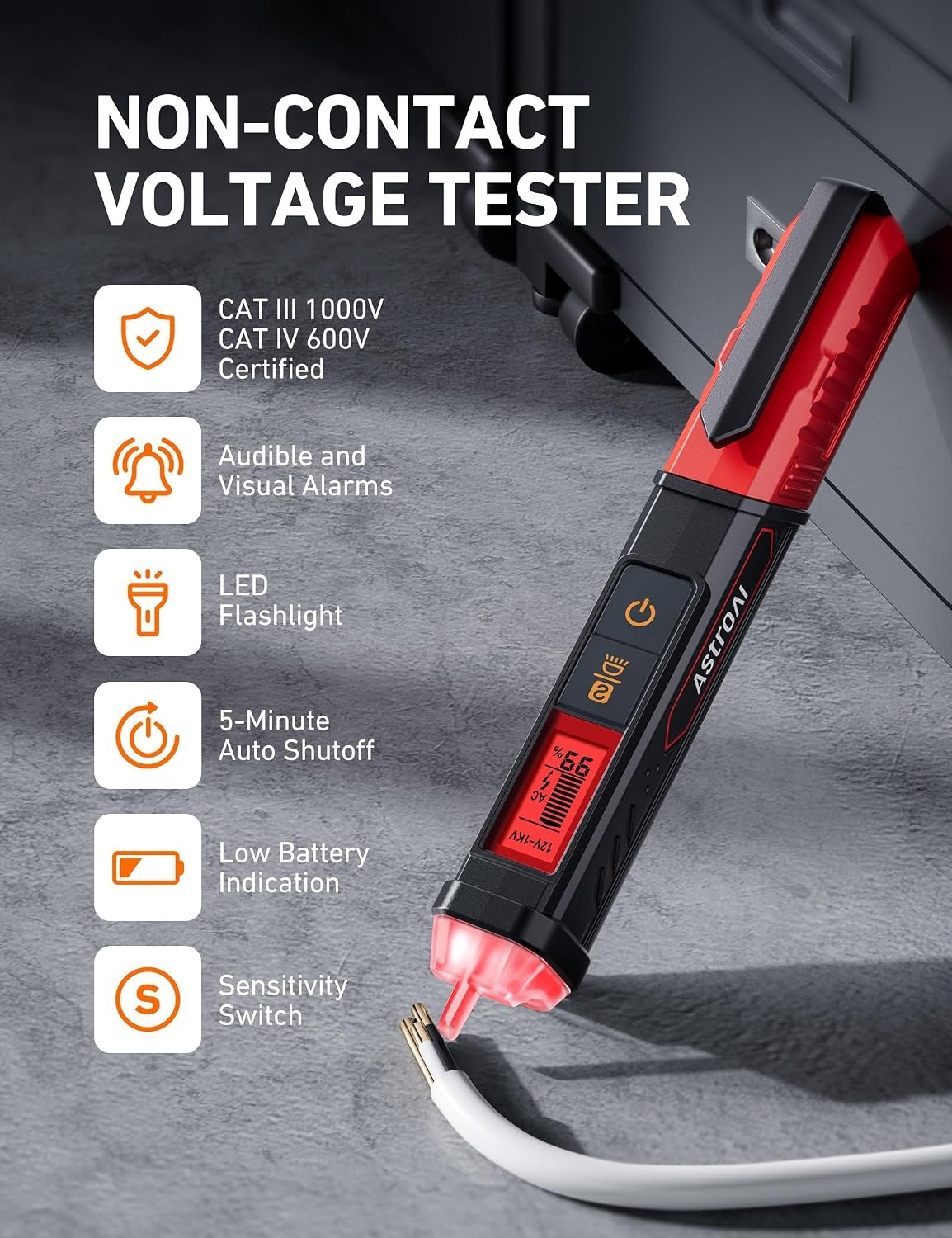 image:imageAstroAI VTS1000H Voltage Tester with Screwdriver NonContact Electrical Tester Dual Range AC 12V70V1000V Live Wire Test Wire Breakpoint Finder Audible Alarm LCD Percentage Display OrangeRed Test Kit