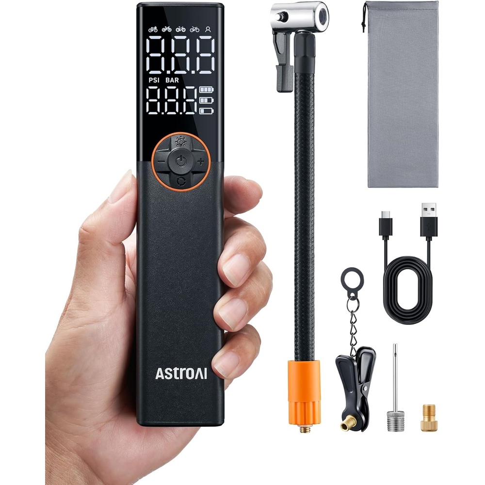 image:imageAstroAI L8 Electric Bike Pump Portable Bicycle Tire Inflator with Pressure Gauge and Auto ShutOff 150 PSI Powerful Motor Mini Air Pump for Road Mountain amp EBike with Presta and Schrader ValvesBlack