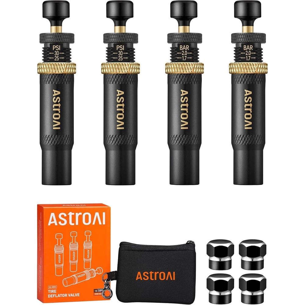 image:imageAstroAI Tire Deflator Kit 4Pack Automatic AntiCorrosive ScrewOn Air Down Tool Adjustable 1030 PSI for OffRoad Vehicle SUV 4x4 Includes 4 Valve Caps Zipper Closure Bag