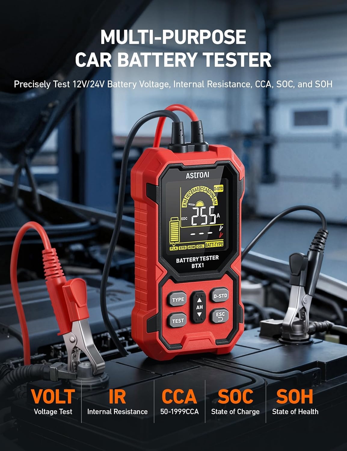 image:imageAstroAI Car Battery Tester 12V24V 1002000 CCA Alternator amp Charging System Analyzer Compatible with FLAAGMGelEFB for Cars Trucks RVs amp Marine Vehicles