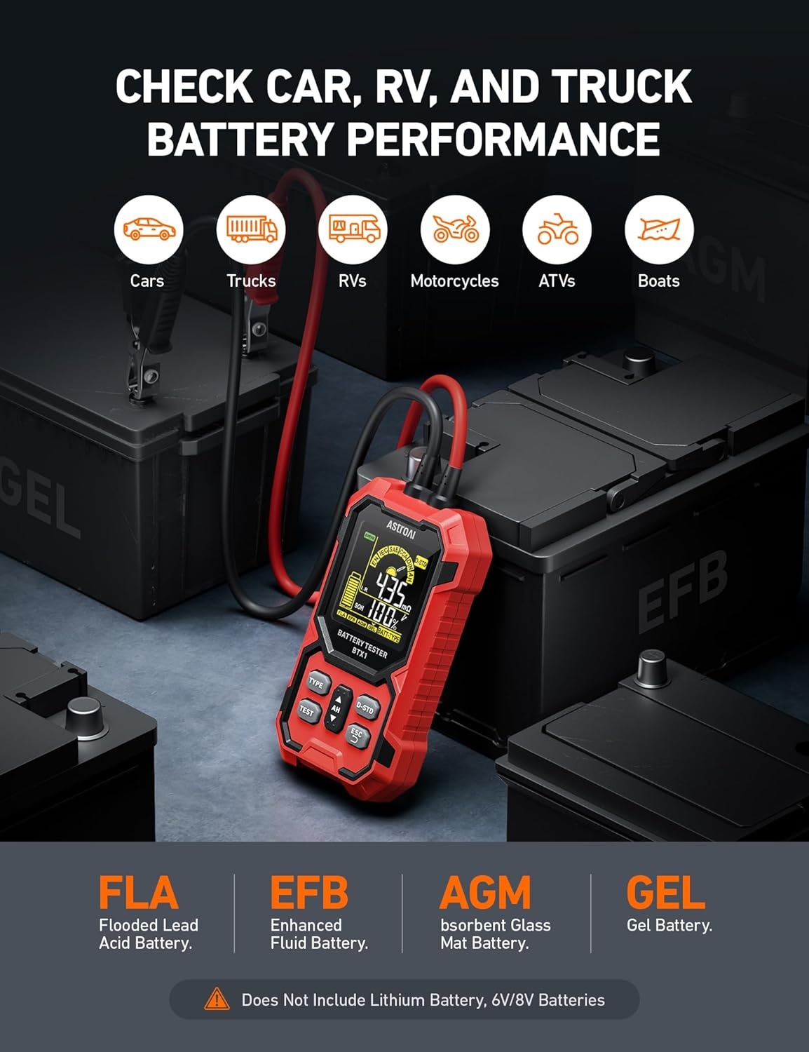 image:imageAstroAI Car Battery Tester 12V24V 1002000 CCA Alternator amp Charging System Analyzer Compatible with FLAAGMGelEFB for Cars Trucks RVs amp Marine Vehicles