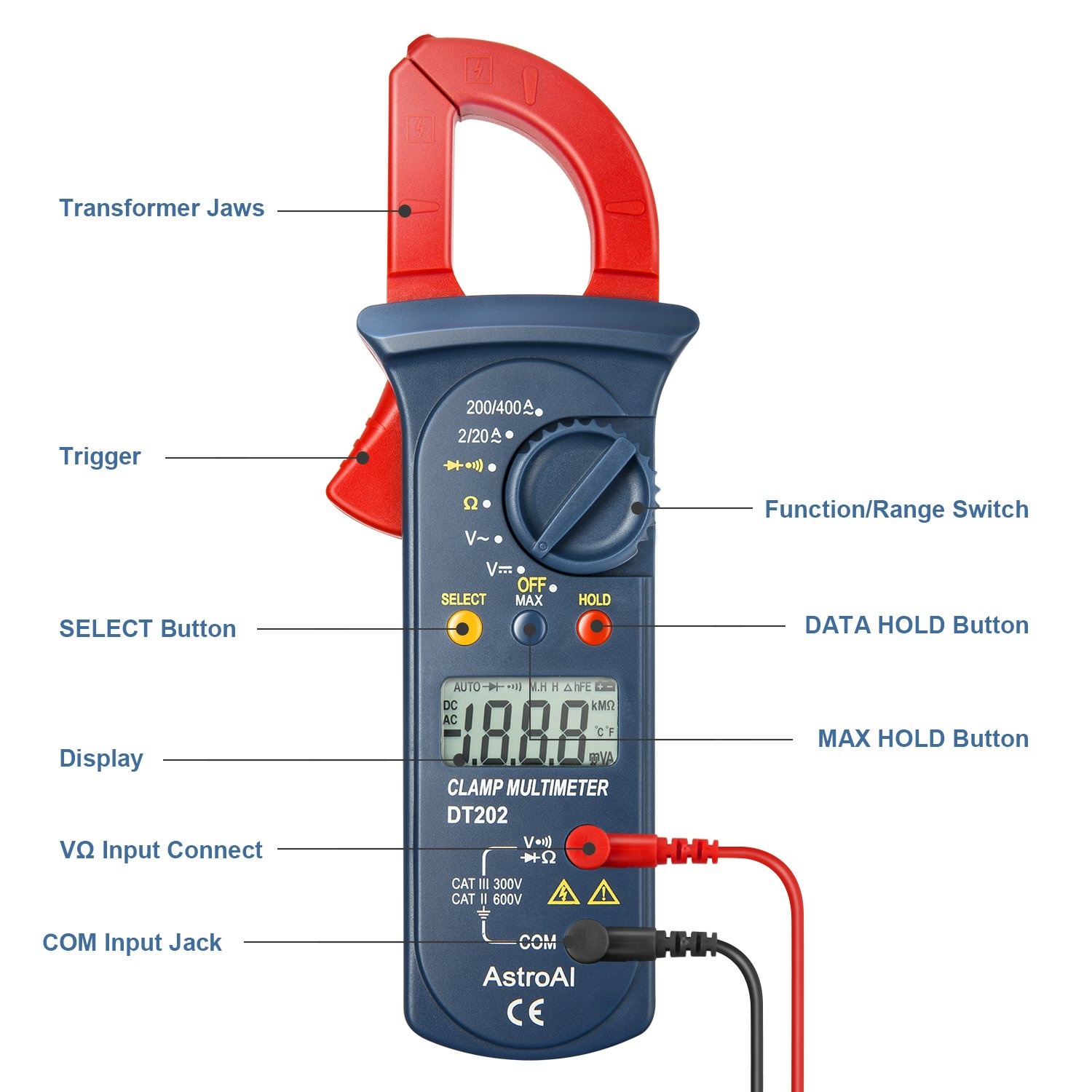 image:imageAstroAI Digital Clamp Meter 2000 Counts Multimeter Amp Meter with Auto Ranging Measures Voltage Tester AC Current Resistance Continuity Tests DiodesSmall