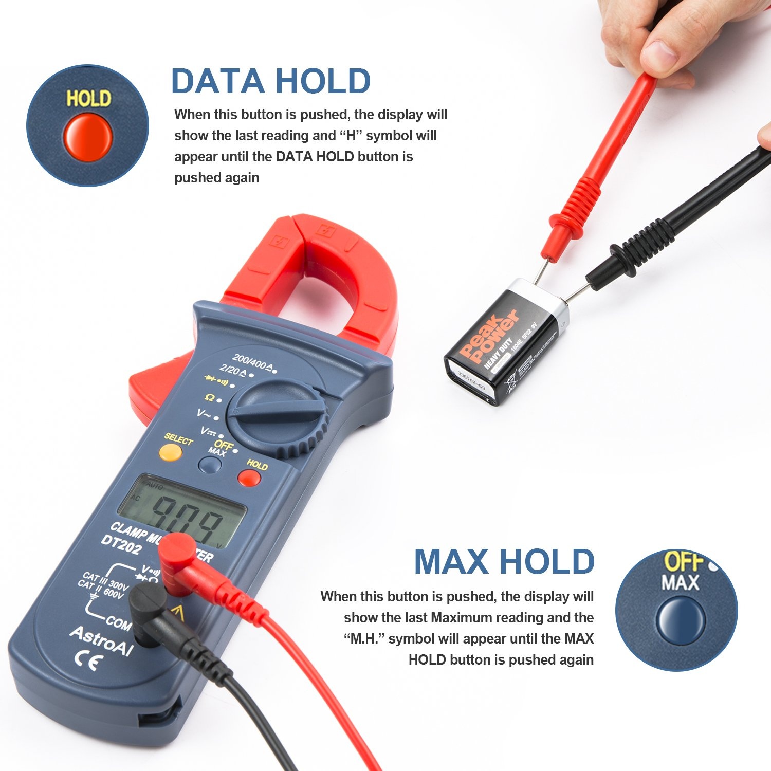 image:imageAstroAI Digital Clamp Meter 2000 Counts Multimeter Amp Meter with Auto Ranging Measures Voltage Tester AC Current Resistance Continuity Tests DiodesSmall