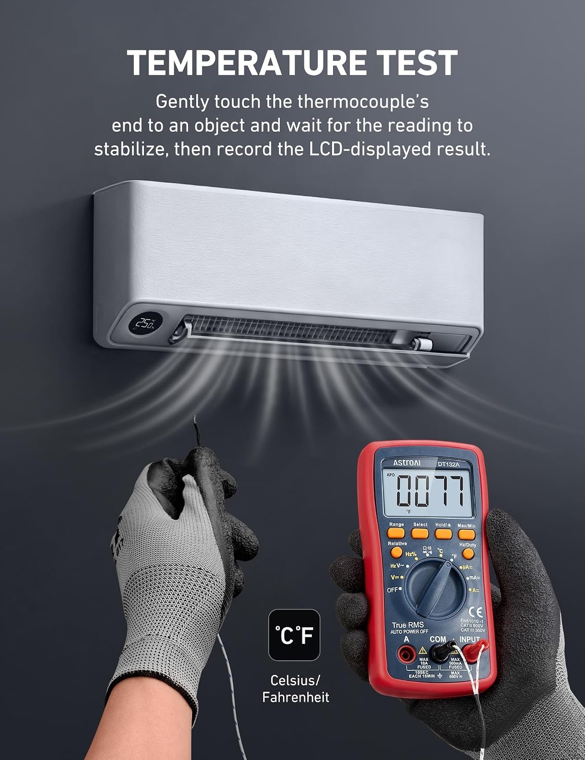 image:imageAstroAI Digital Multimeter TRMS 4000 Counts Volt Meter Manual and Auto Ranging Measures Voltage Tester Current Resistance Continuity Frequency Tests Diodes Temperature RedDT132A Multimeter