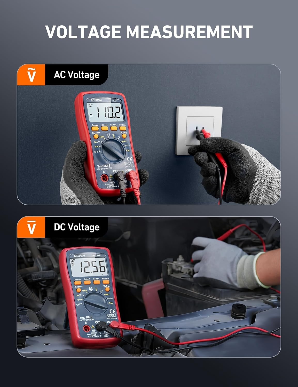 image:imageAstroAI Digital Multimeter TRMS 4000 Counts Volt Meter Manual and Auto Ranging Measures Voltage Tester Current Resistance Continuity Frequency Tests Diodes Temperature RedDT132A Multimeter