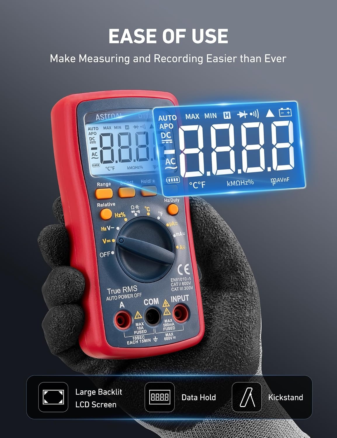 image:imageAstroAI Digital Multimeter TRMS 4000 Counts Volt Meter Manual and Auto Ranging Measures Voltage Tester Current Resistance Continuity Frequency Tests Diodes Temperature RedDT132A Multimeter