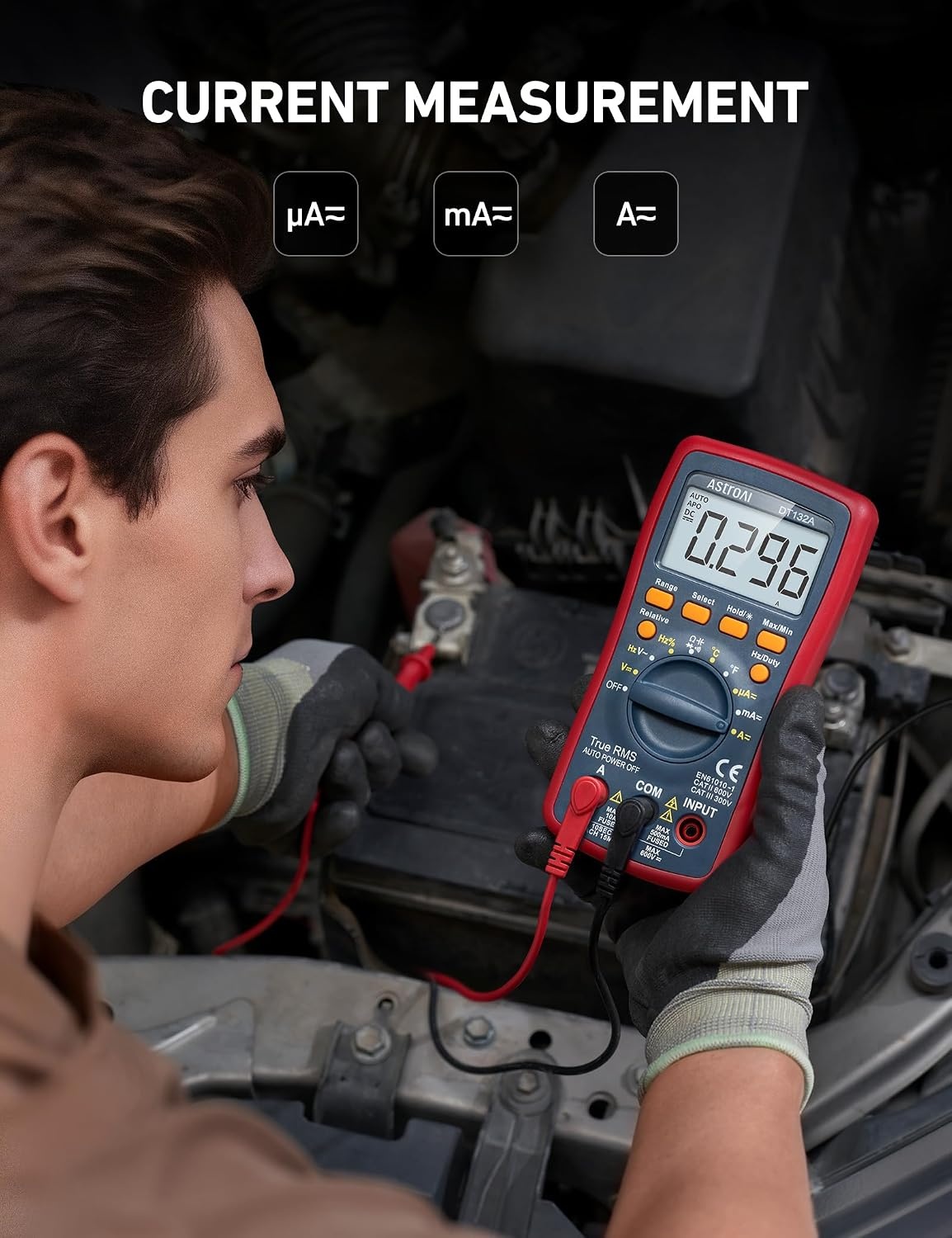 image:imageAstroAI Digital Multimeter TRMS 4000 Counts Volt Meter Manual and Auto Ranging Measures Voltage Tester Current Resistance Continuity Frequency Tests Diodes Temperature RedDT132A Multimeter