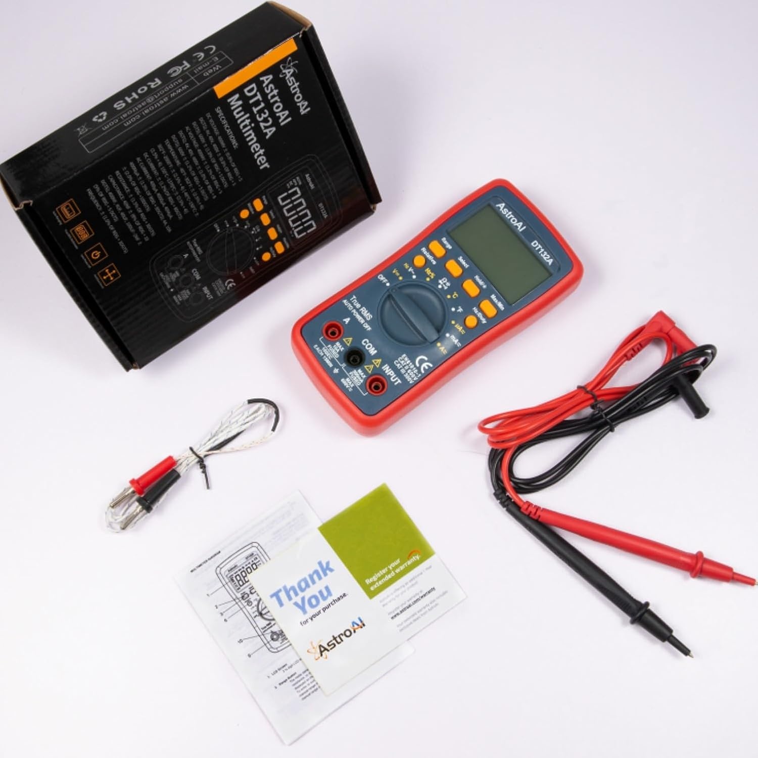 image:imageAstroAI Digital Multimeter TRMS 4000 Counts Volt Meter Manual and Auto Ranging Measures Voltage Tester Current Resistance Continuity Frequency Tests Diodes Temperature RedDT132A Multimeter