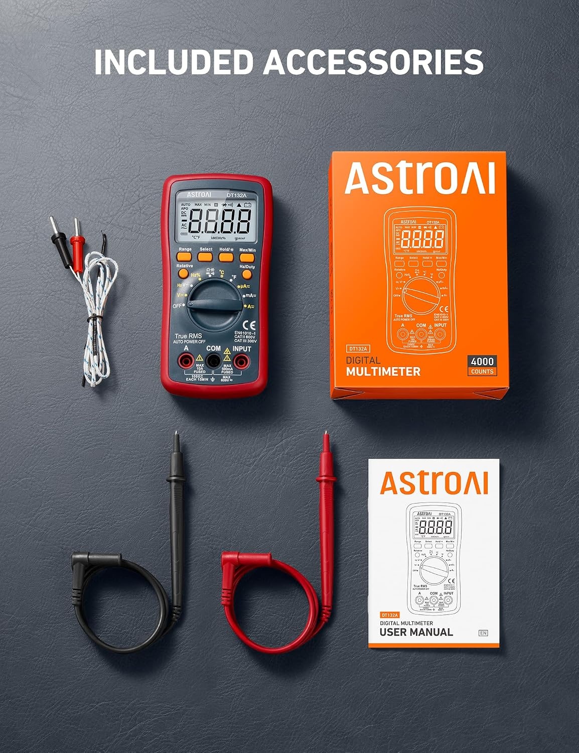 image:imageAstroAI Digital Multimeter TRMS 4000 Counts Volt Meter Manual and Auto Ranging Measures Voltage Tester Current Resistance Continuity Frequency Tests Diodes Temperature RedDT132A Multimeter