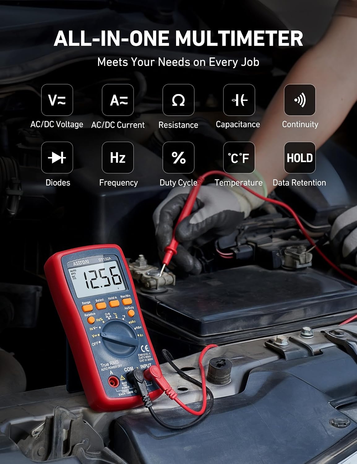 image:imageAstroAI Digital Multimeter TRMS 4000 Counts Volt Meter Manual and Auto Ranging Measures Voltage Tester Current Resistance Continuity Frequency Tests Diodes Temperature RedDT132A Multimeter