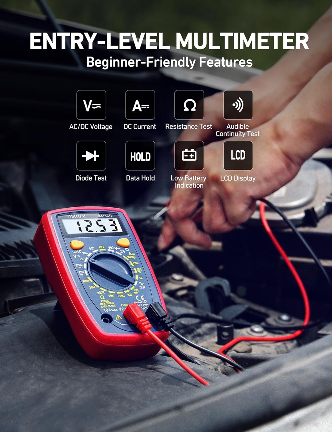 image:imageAstroAI Digital Multimeter Tester 2000 Counts with DC AC Voltmeter and Ohm Volt Amp Meter Measures Voltage Current Resistance Continuity and Diode BlueBlue