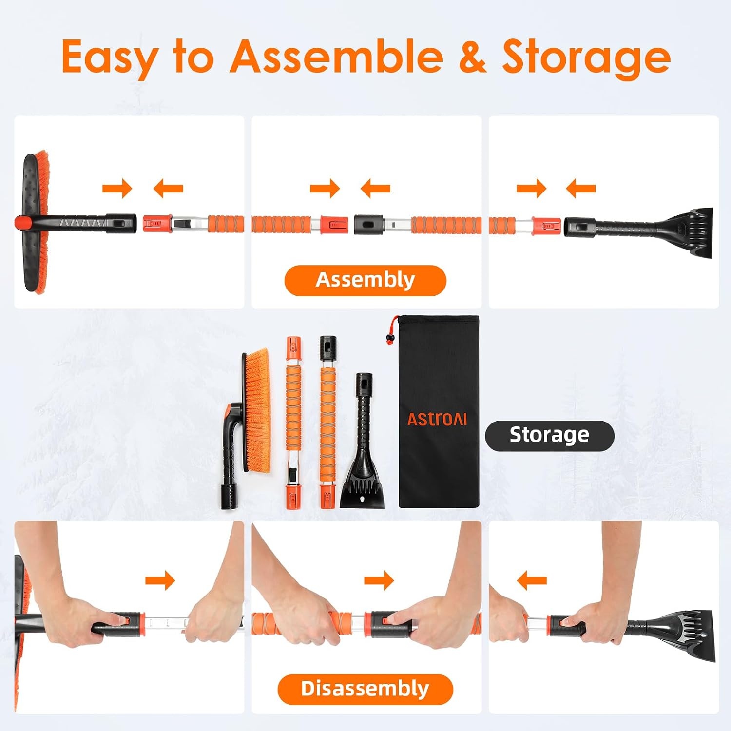 image:imageAstroAI 624 Ice Scrapers for Car Windshield and Extendable Snow Brush with Foam Grip and 360 Pivoting Brush Head for Christmas Car Auto Truck SUVOrange