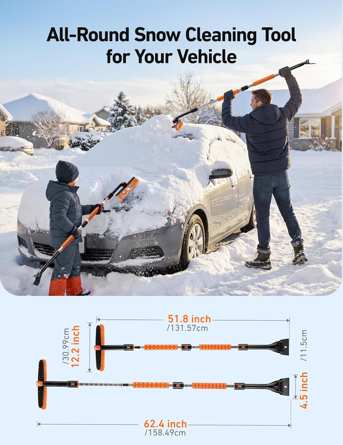 image:imageAstroAI 624 Ice Scrapers for Car Windshield and Extendable Snow Brush with Foam Grip and 360 Pivoting Brush Head for Christmas Car Auto Truck SUVOrange