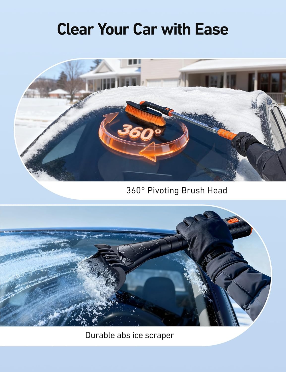 image:imageAstroAI 624 Ice Scrapers for Car Windshield and Extendable Snow Brush with Foam Grip and 360 Pivoting Brush Head for Christmas Car Auto Truck SUVOrange