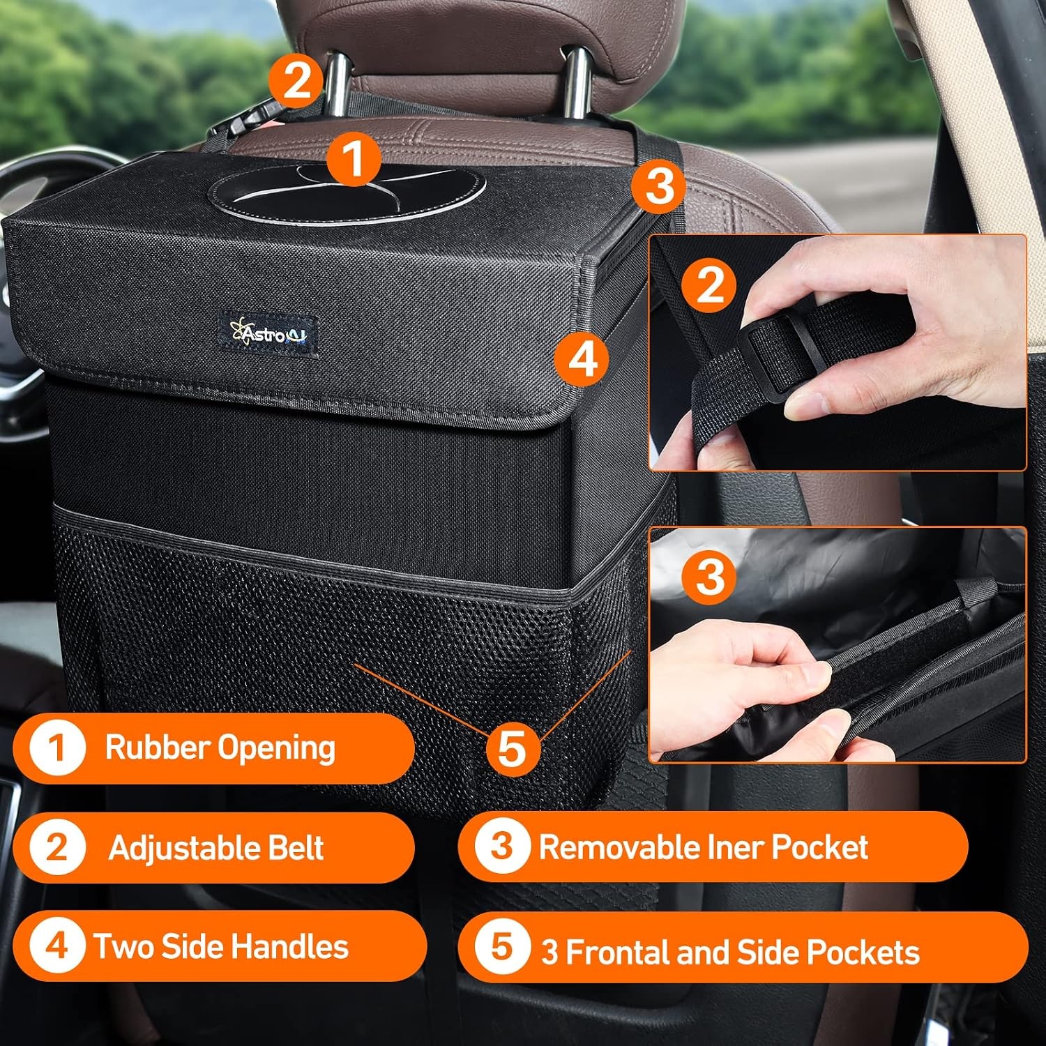 image:imageAstroAI Car Trash Can with Lid and Storage Pockets LeakProof Waterproof Car Garbage Can Large Opening Multipurpose Folding Trash Bin for Car