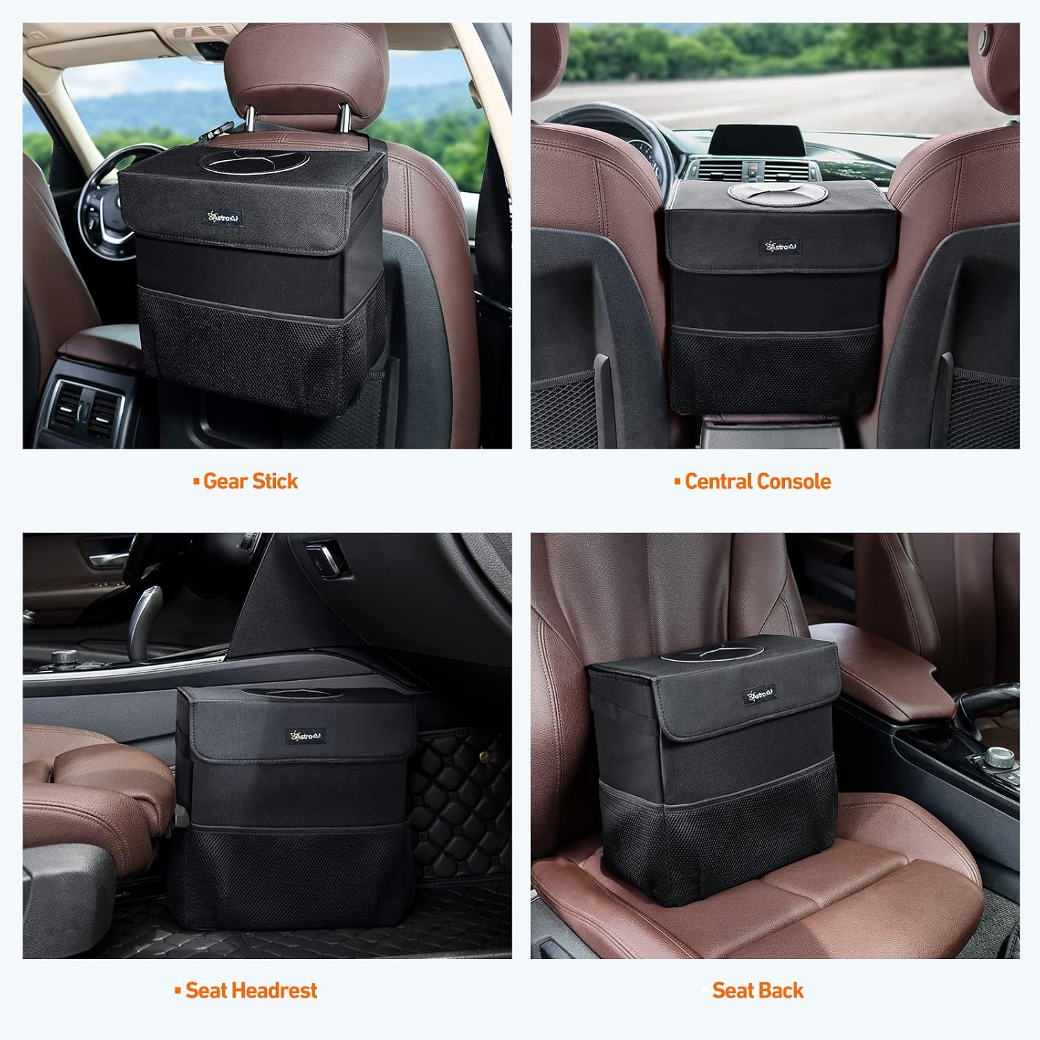 image:imageAstroAI Car Trash Can with Lid and Storage Pockets LeakProof Waterproof Car Garbage Can Large Opening Multipurpose Folding Trash Bin for Car