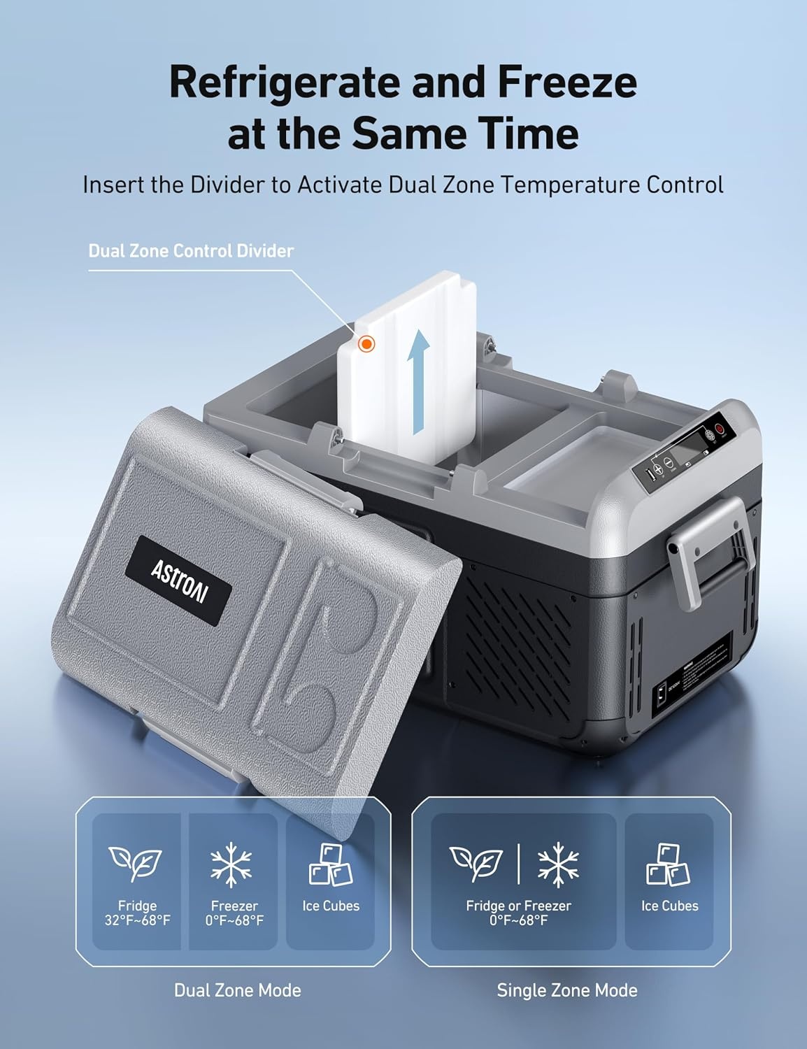 image:imageAstroAI Dual Zone 12V Car Refrigerator Separate Control Portable Freezer 20 Quart18L Camping Fridge with Reversible 2Way Door for Car RV Truck Van Boat for Camping Travel Fishing Outdoor