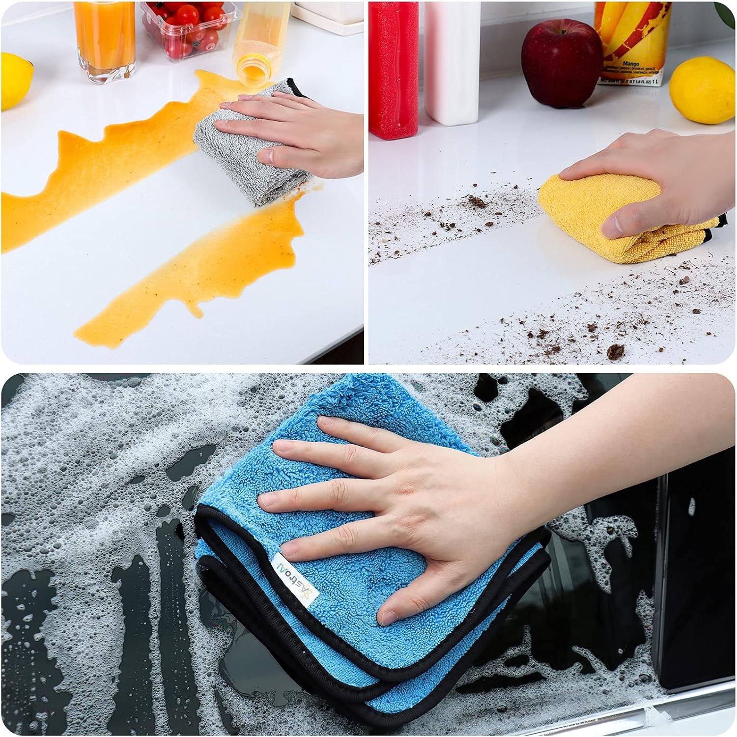 image:imageAstroAI Microfiber Towels for Cars 6Pack Absorbent and Reusable Microfiber Cleaning Cloth for CarDomestic Cleaning Yellow Blue Gray 16 x 16