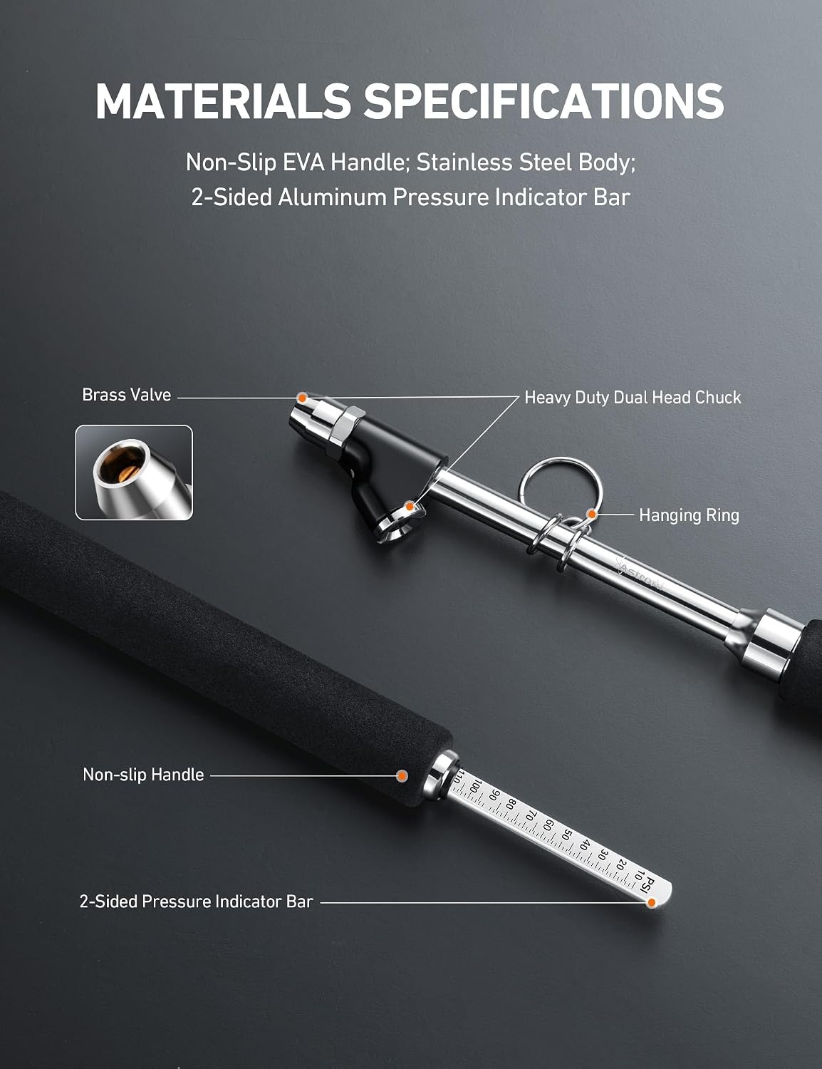 image:imageAstroAI Tire Pressure Gauge 150 PSI Dual Head Chuck Heavy Duty NonSlip Handle for Cars Trucks Bicycles