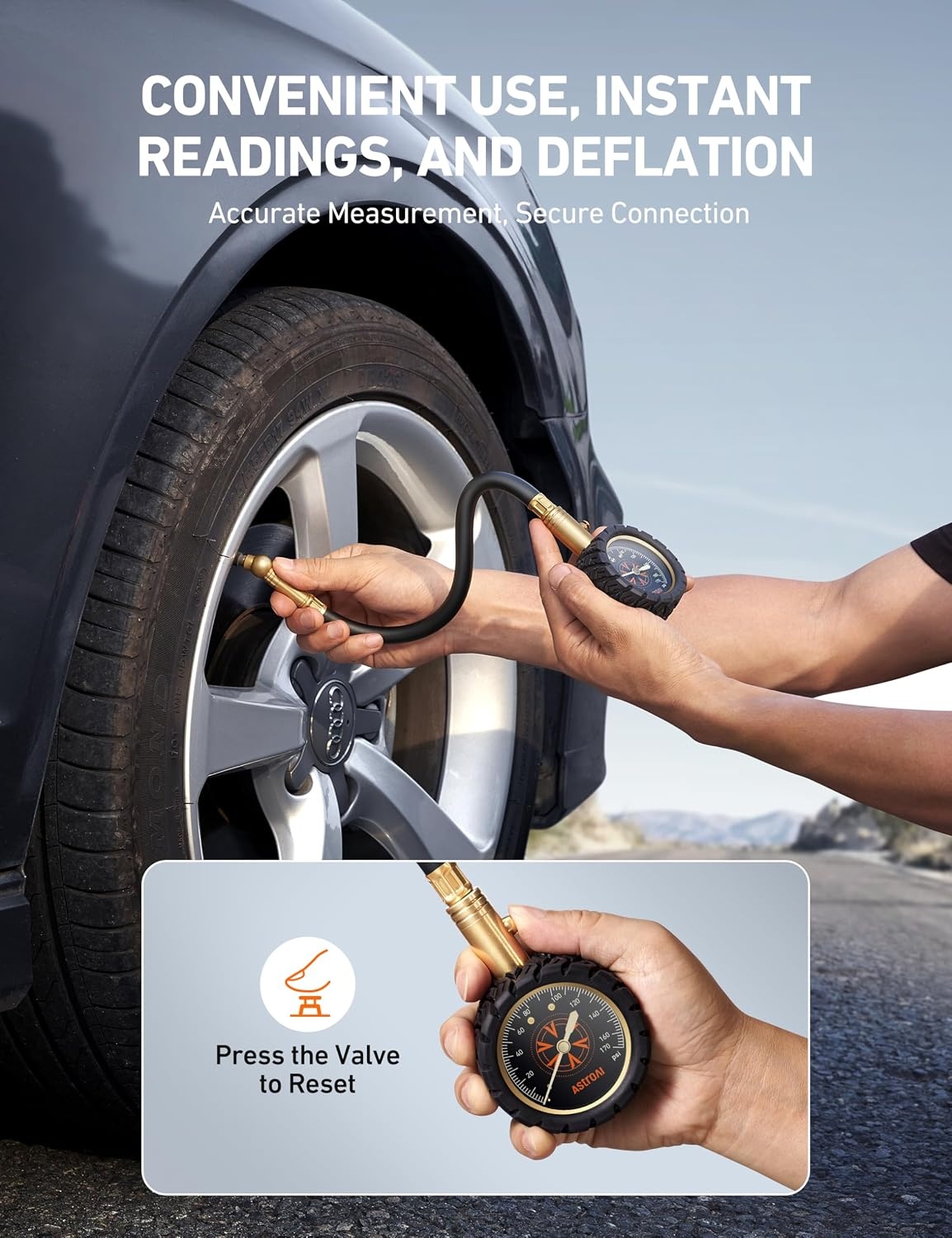 image:imageAstroAI Tire Pressure Gauge 6170 PSI Certified ANSI B4011 Accurate with Large 2 Dial Easy to Read Compatible with Cars Trucks SUVs Motorcycles Bicycles with Schrader Valve