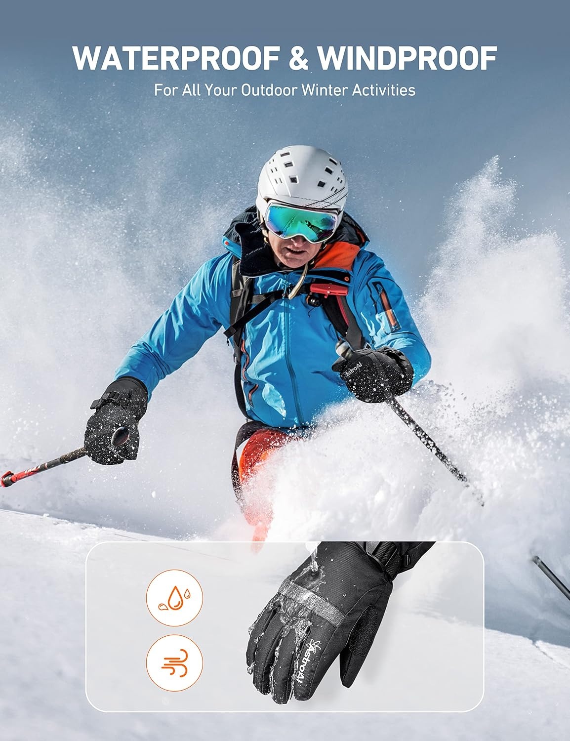 image:imageAstroAI Waterproof Gloves Snow Gloves with Touchscreen Warm Winter Gloves for Men Women for Cold Weather Running Cycling Snowboarding Driving Outdoor Work