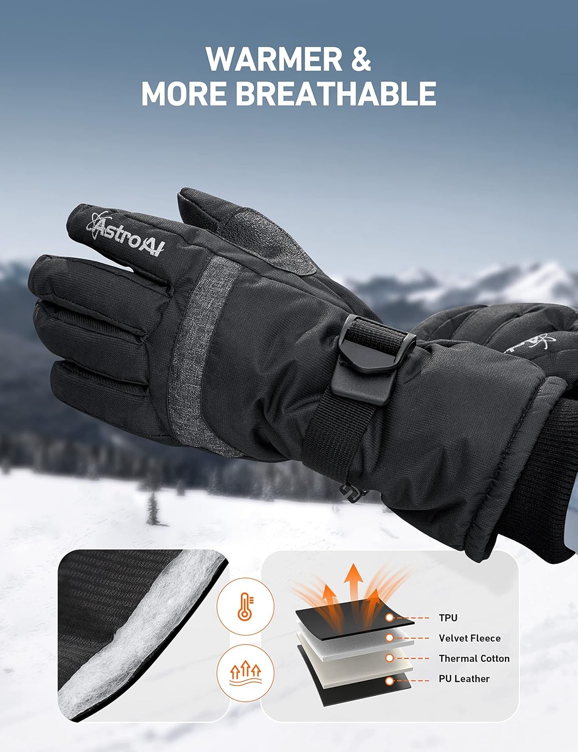 image:imageAstroAI Waterproof Gloves Snow Gloves with Touchscreen Warm Winter Gloves for Men Women for Cold Weather Running Cycling Snowboarding Driving Outdoor Work
