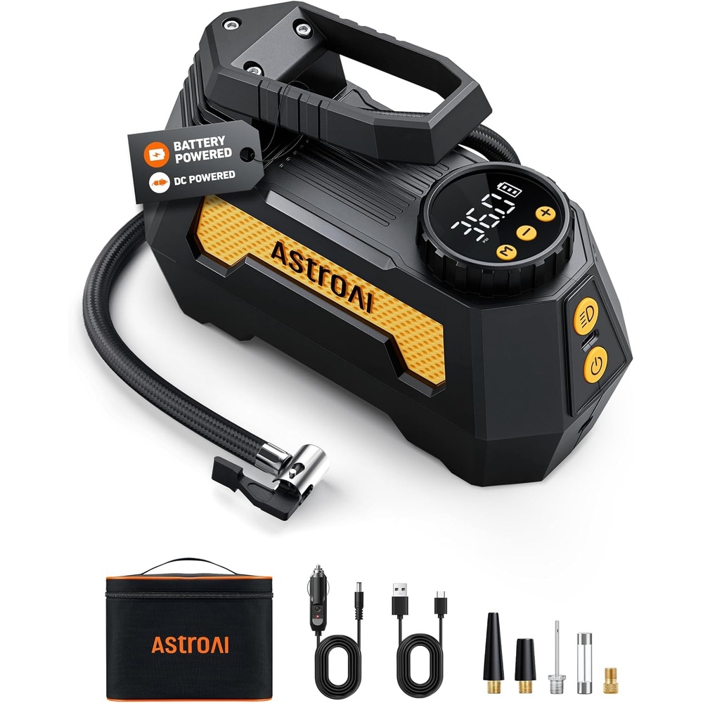 image:imageAstroAI H2 Pro Tire Inflator Portable Air Compressor DC 12VBattery Dual Power Supplies Cordless Tire Inflator Fast Inflation Air Pump for Car Tires Motorcycles Bikes Gift Light Yellow