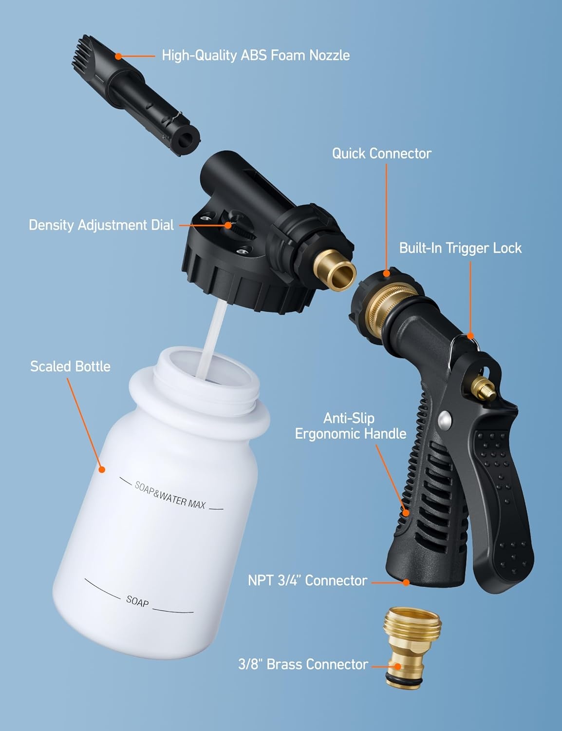 image:imageAstroAI Foam Gun Car Wash Gun with Wash Mitt Quick Connect to Most Garden Hose Foam Blaster Equips with 34 Universal Garden 38 Quick Connector Amber LableAmber