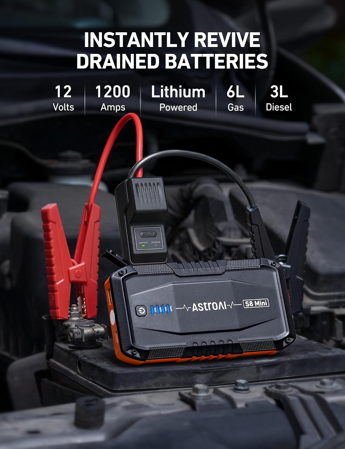 image:imageAstroAI S8 Mini Car Battery Jump Starter 12V Portable Car Starter for Up to 60L Gas30L Diesel Engine Auto Battery Booster Pack Lithium Jump Box with Jumper Cables amp LED Light Orange