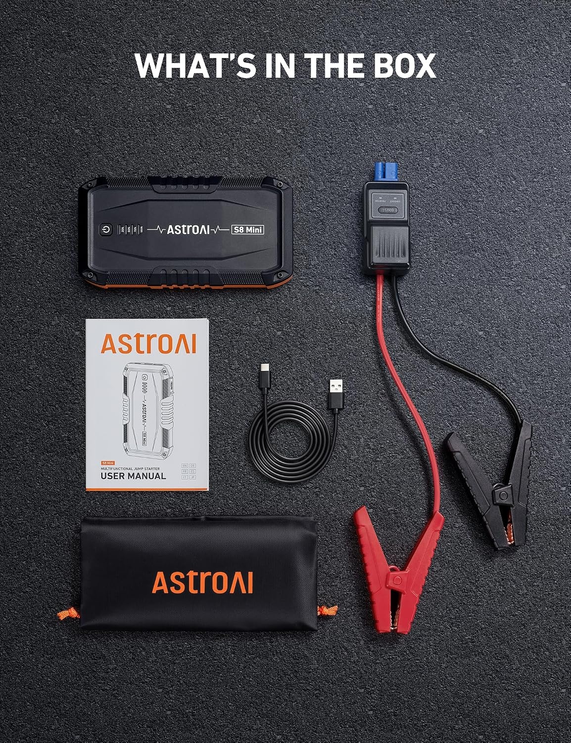 image:imageAstroAI S8 Mini Car Battery Jump Starter 12V Portable Car Starter for Up to 60L Gas30L Diesel Engine Auto Battery Booster Pack Lithium Jump Box with Jumper Cables amp LED Light Orange