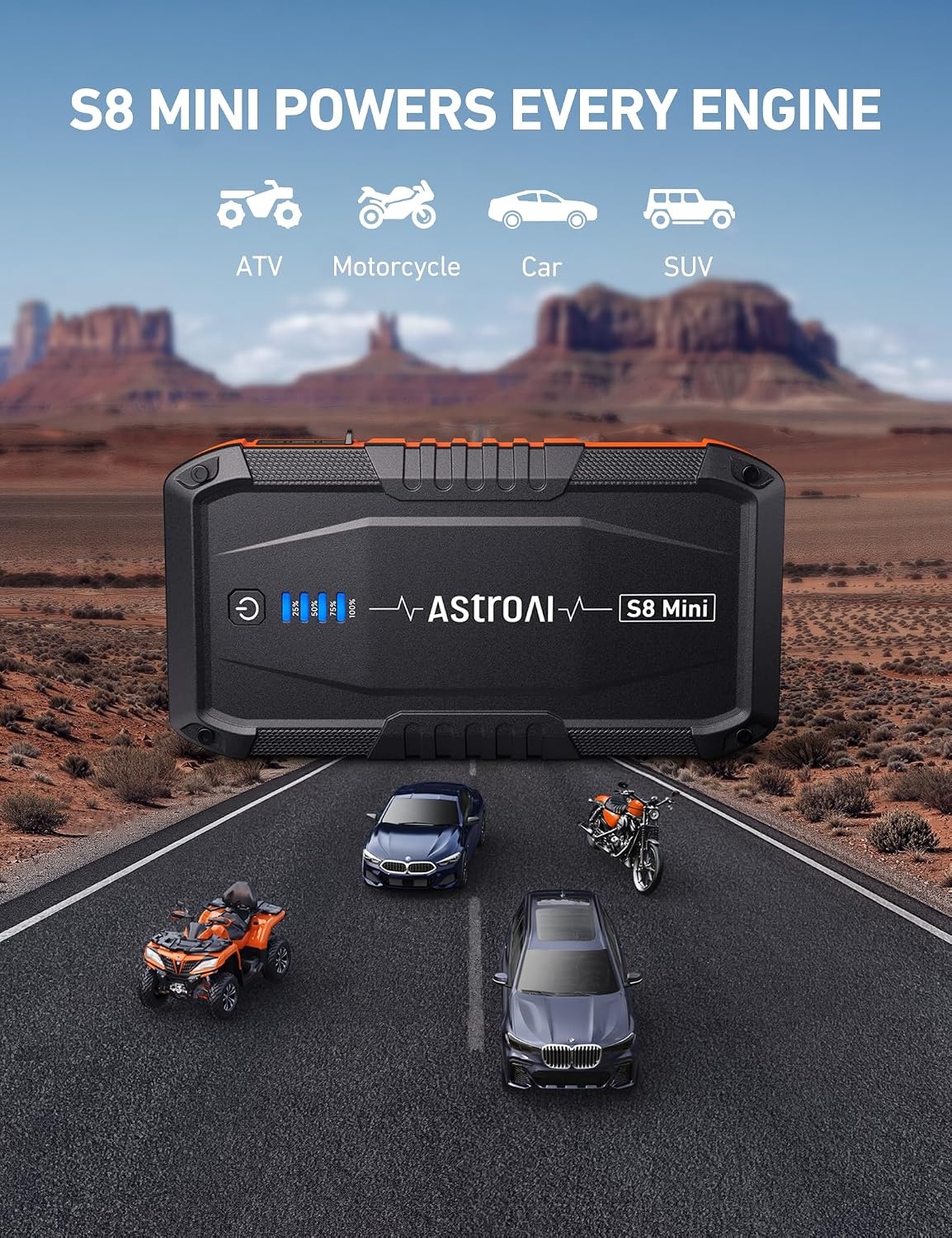 image:imageAstroAI S8 Mini Car Battery Jump Starter 12V Portable Car Starter for Up to 60L Gas30L Diesel Engine Auto Battery Booster Pack Lithium Jump Box with Jumper Cables amp LED Light Orange